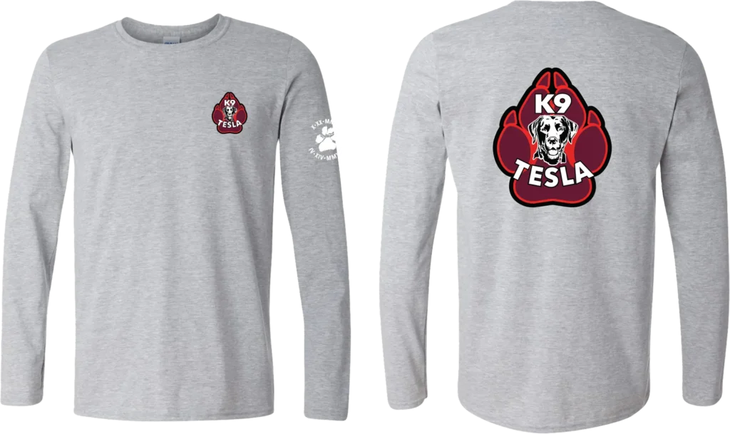Heathered grey Tesla K9 long sleeve shirt